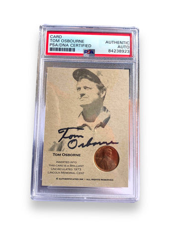 Tom Osborne Lincoln 1973 Cent Signed Trading Card PSA Certified Nebraska Football Tom Osborne Lincoln 1973 Cent Signed Trading Card PSA Certified Nebraska Football
