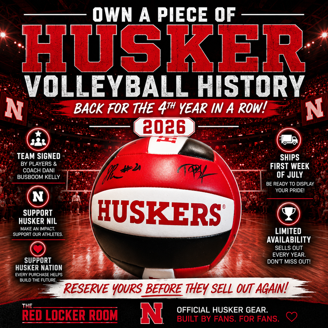 Nebraska Volleyball Team Signed Volleyball | Harper Murray, Andi Jackson, Bergan Reilly & Laney Choboy