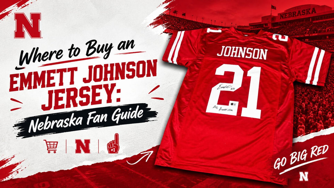 Nebraska football fan guide banner featuring an Emmett Johnson red jersey with white number 21, the headline “Where to Buy an Emmett Johnson Jersey: Nebraska Fan Guide,” a stadium background, and bold red-and-white Nebraska Cornhuskers branding.