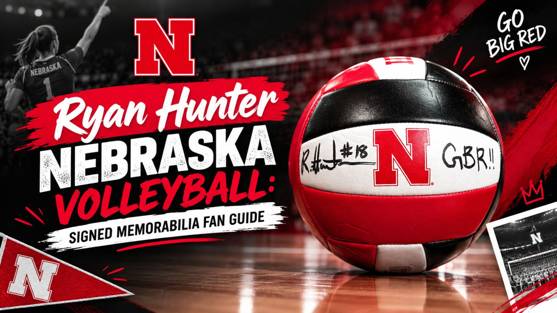 Ryan Hunter Nebraska Volleyball signed memorabilia fan guide banner featuring an autographed red, white, and black volleyball with the Nebraska “N” logo, bold red and white typography, and a dramatic volleyball arena background.