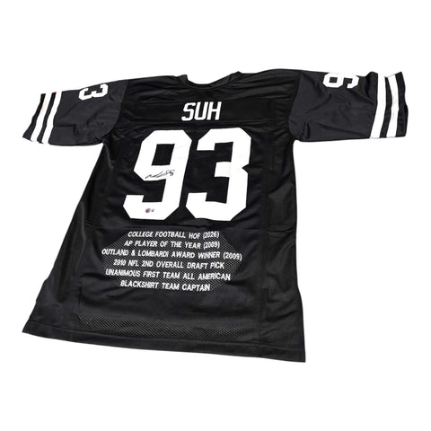 Ndamukong Suh #93 Nebraska Cornhuskers Football Custom Jersey Beckett Certified Blackout Husker Stat Jersey