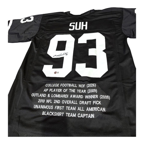 Ndamukong Suh #93 Nebraska Cornhuskers Football Custom Jersey Beckett Certified Blackout Husker Stat Jersey