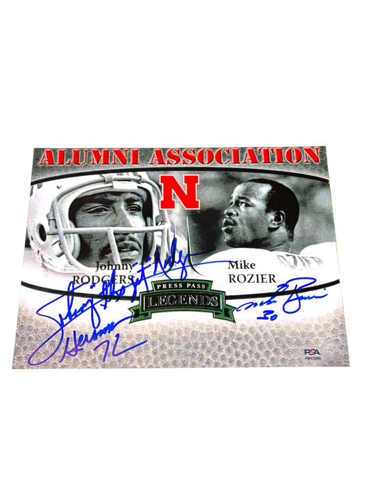 Mike Rozier & Johnny Rodgers Signed Nebraska Cornhusker Football Press Pass Card 8x10 PSA Certified