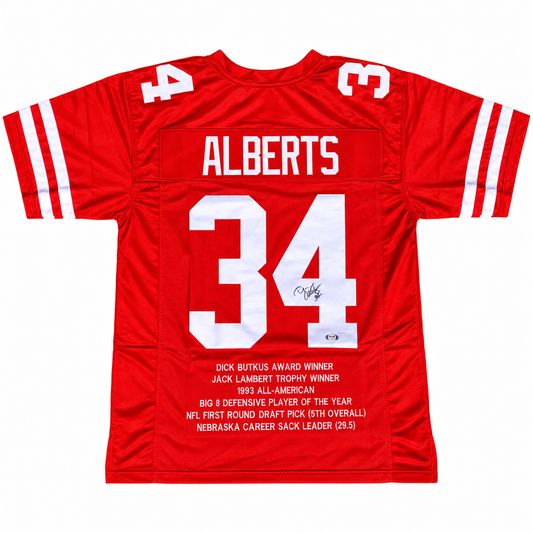 Trev Alberts #34 NEBRASKA CORNHUSKERS Custom Football Stat Jersey PSA Certified — straightened product photo