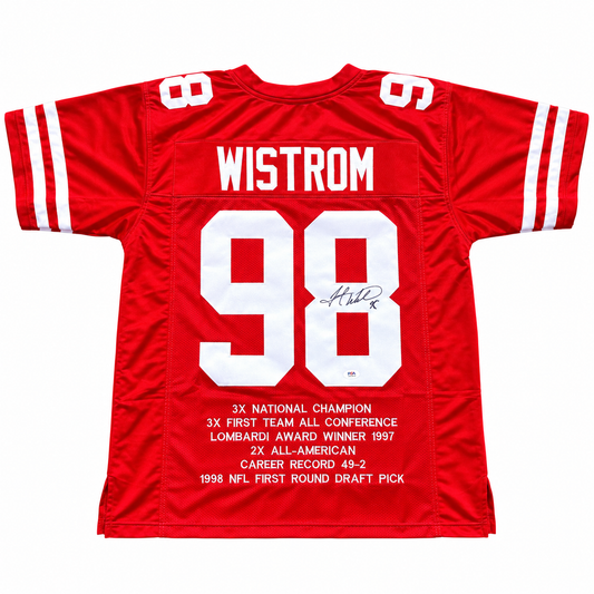 Grant Wistrom #98 Nebraska Cornhuskers Football PSA Certified Stat Custom Jersey — product on white