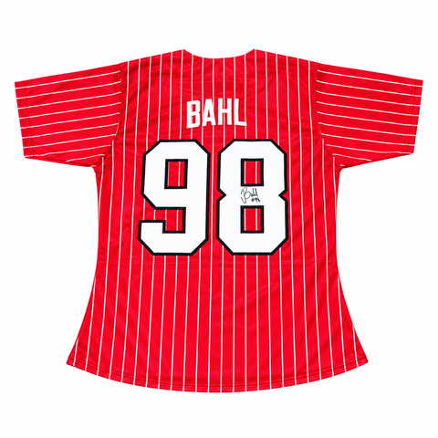 Jordy Bahl signed red number 98 pinstripe softball jersey