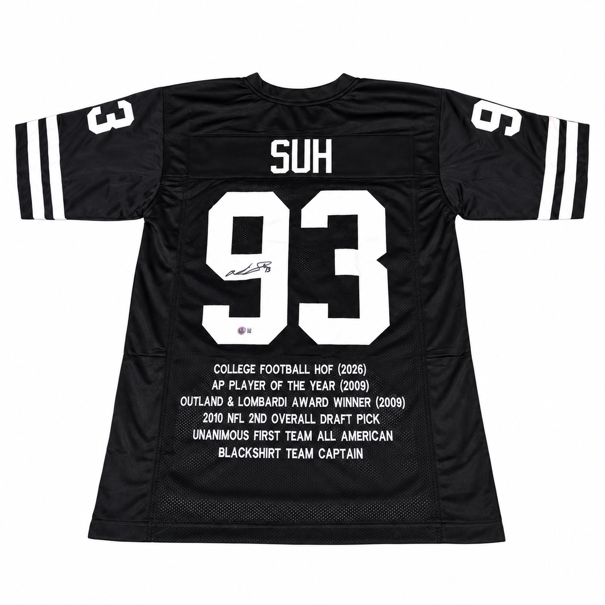 Ndamukong Suh #93 Nebraska Cornhuskers Football Custom Jersey Beckett Certified Blackout Husker Stat Jersey